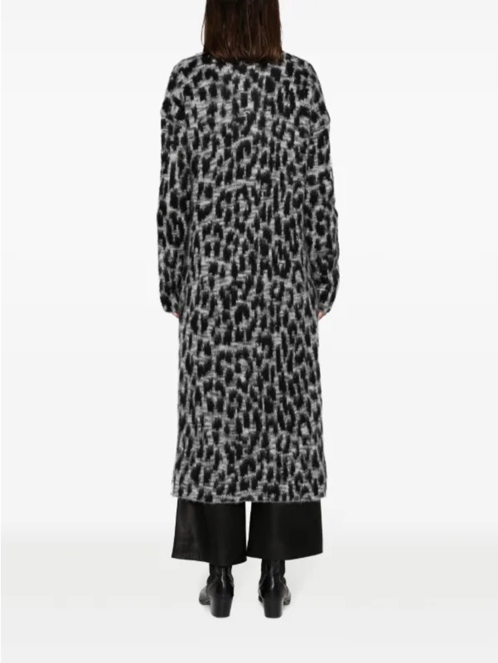 Black Tape Long Leopard-Pattern Knit Cardigan in Black, Gray and Cream - S